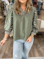 Floral Puff Sleeve Contrast V Neck Patchwork Blouse
