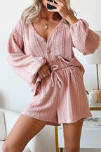 Cable Knit V Neck Cardigan and Shorts Set