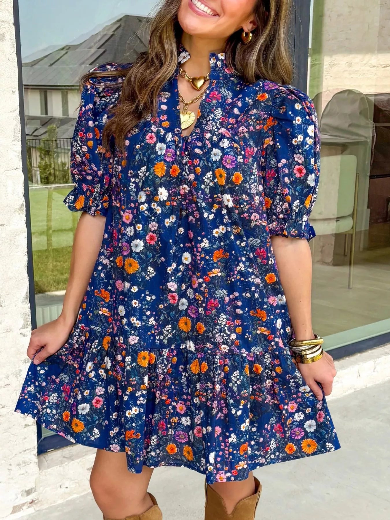 Floral Print Ruffle Hem Mini Dress