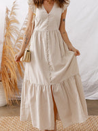 Stripe Flutter Sleeve Buttoned Front Slit Maxi Dress