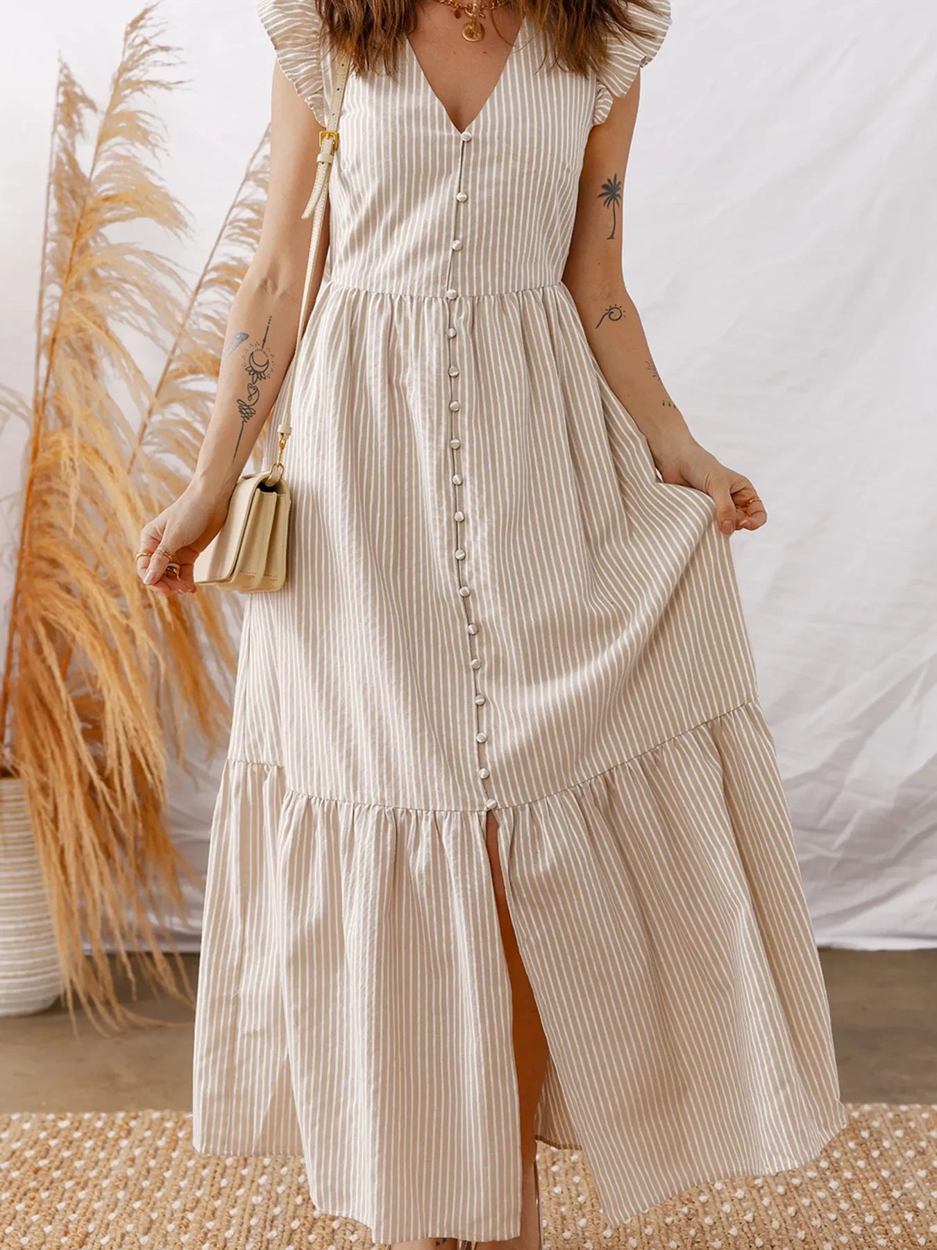 Stripe Flutter Sleeve Buttoned Front Slit Maxi Dress