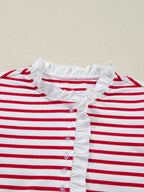 Stripe Contrast Frilled Trim Half Button Long Sleeve Top