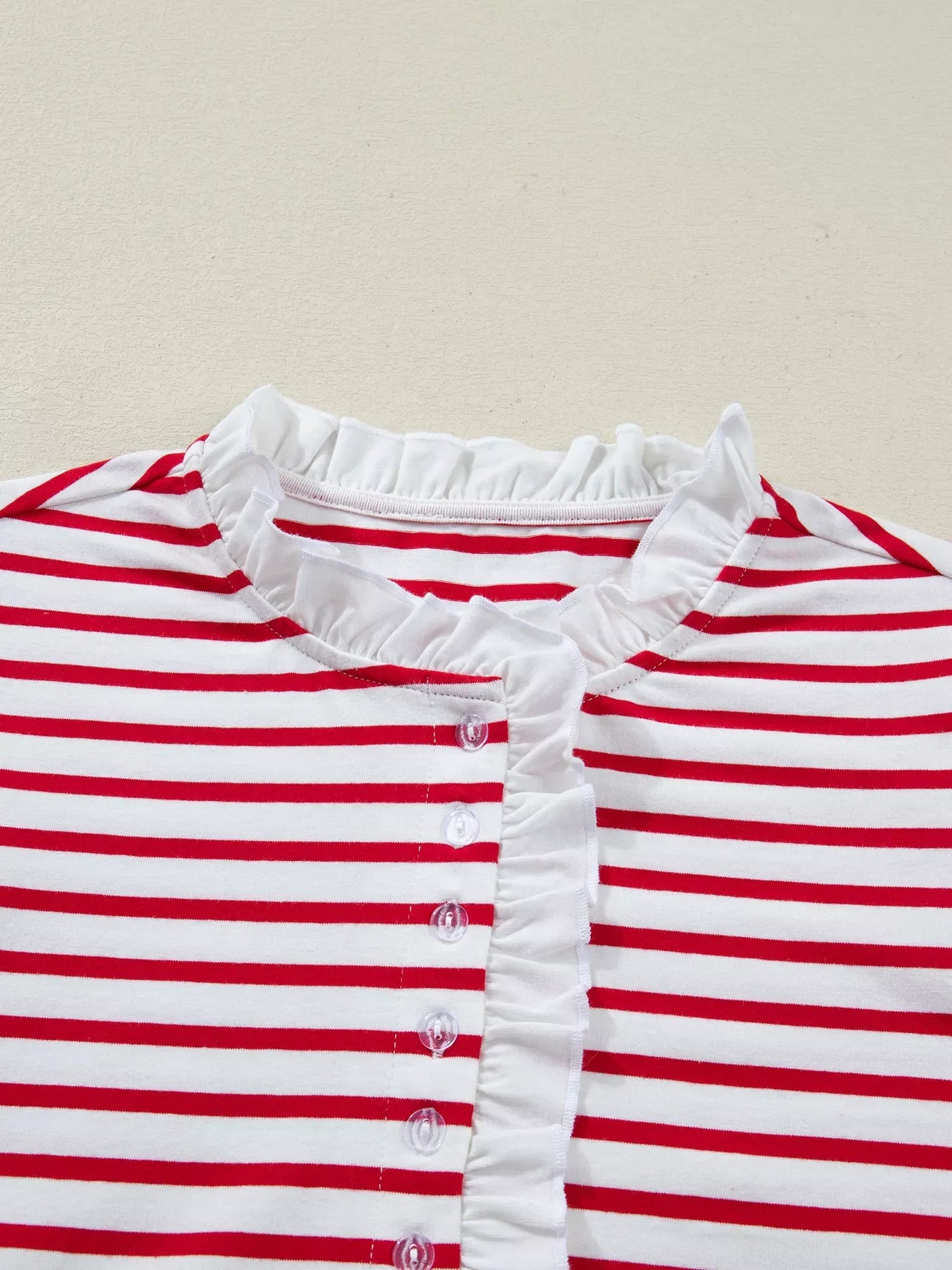 Stripe Contrast Frilled Trim Half Button Long Sleeve Top