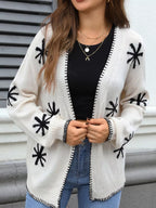 Flower Pattern Open Front Knit Cardigan
