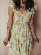 Smocked Bodice Ruffled Sleeveless Tiered Floral Dress