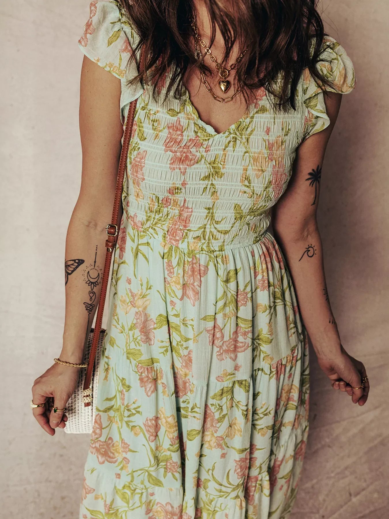 Smocked Bodice Ruffled Sleeveless Tiered Floral Dress