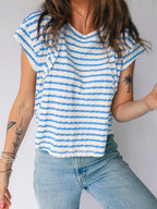 Stripe Textured Short Sleeve Patchwork T Shirt