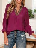 Leopard Trim V Neck Flounced Bracelet Sleeve Blouse