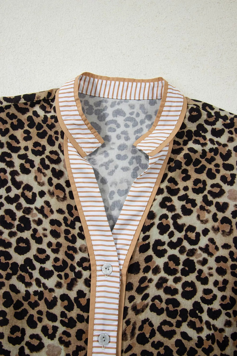 Contrast Striped Trim V Neck Leopard Shirt