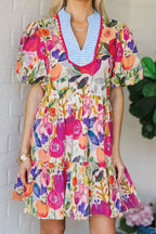 Floral Print Ricrac Trim Striped Patchwork V Neck Dress