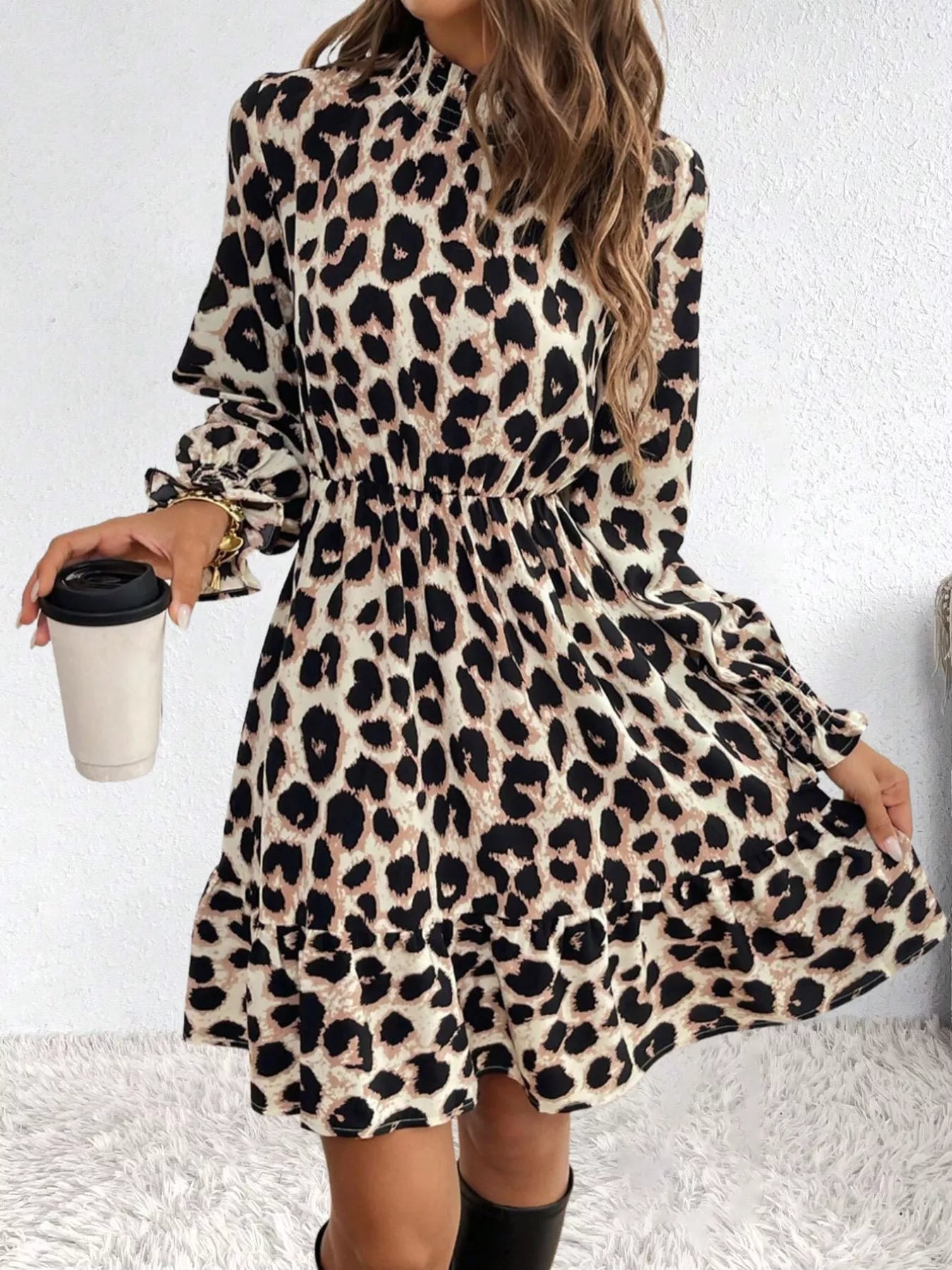 Leopard Print Ruffle Hem Mini Dress