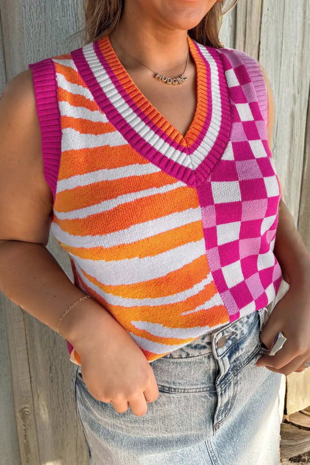 Striped Checkered Contrast Patchwork V Neck Sweater Vest