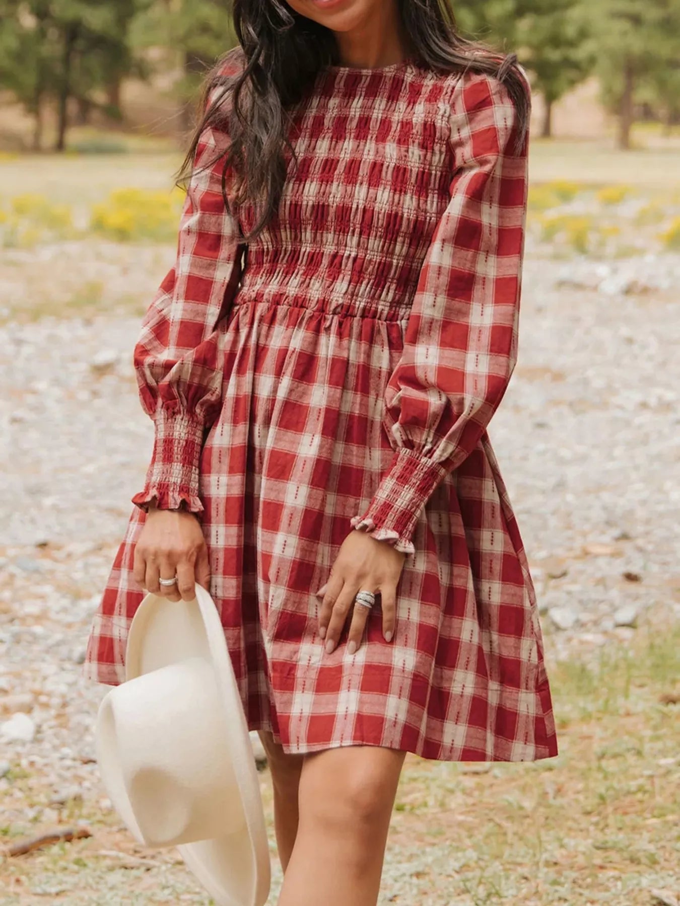Plaid Smocked Long Sleeve Mini Dress