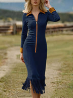 Fringe Hem Zipper Front Bodycon Dress