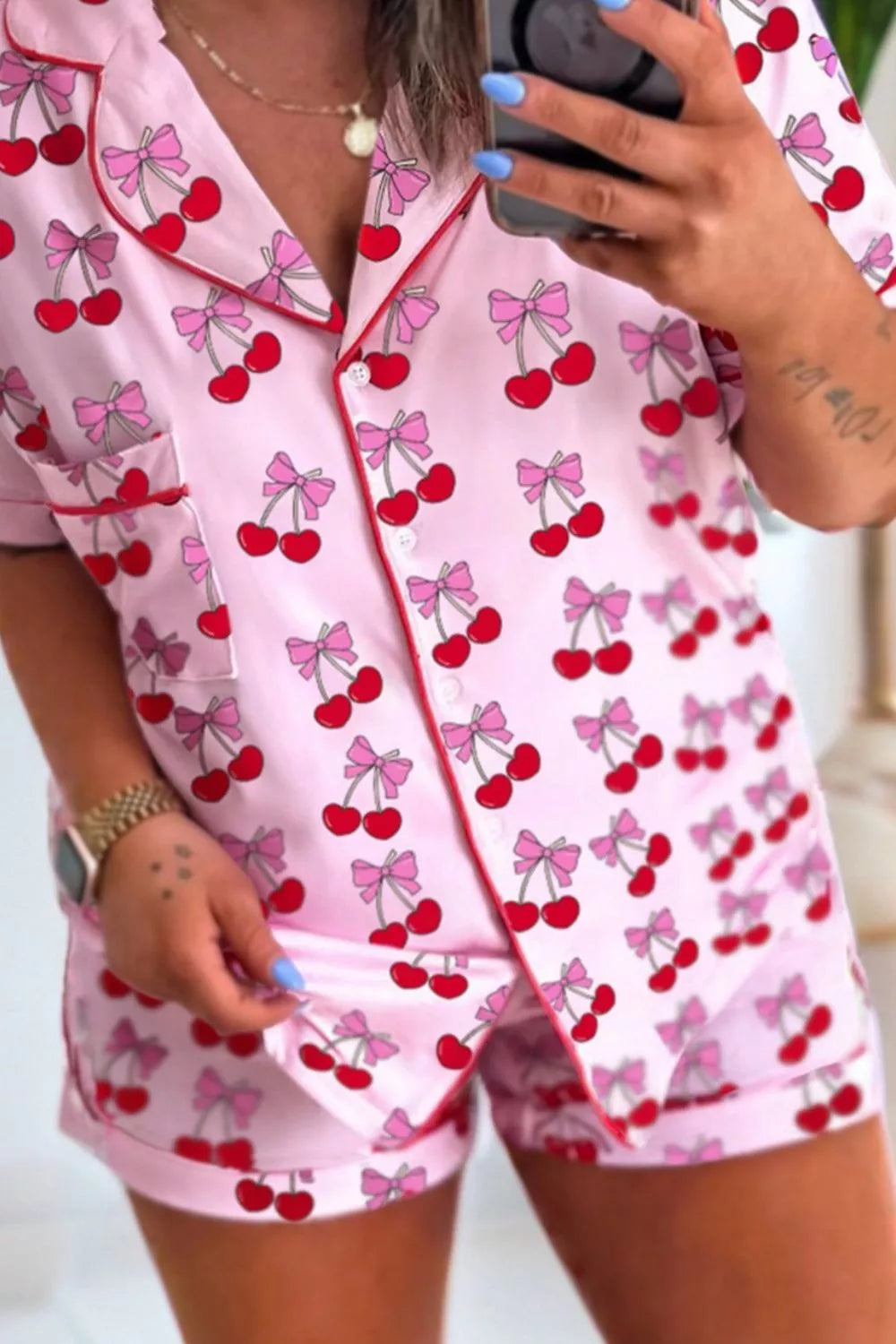 Bow Print Button Up Top and Shorts Pajama Set
