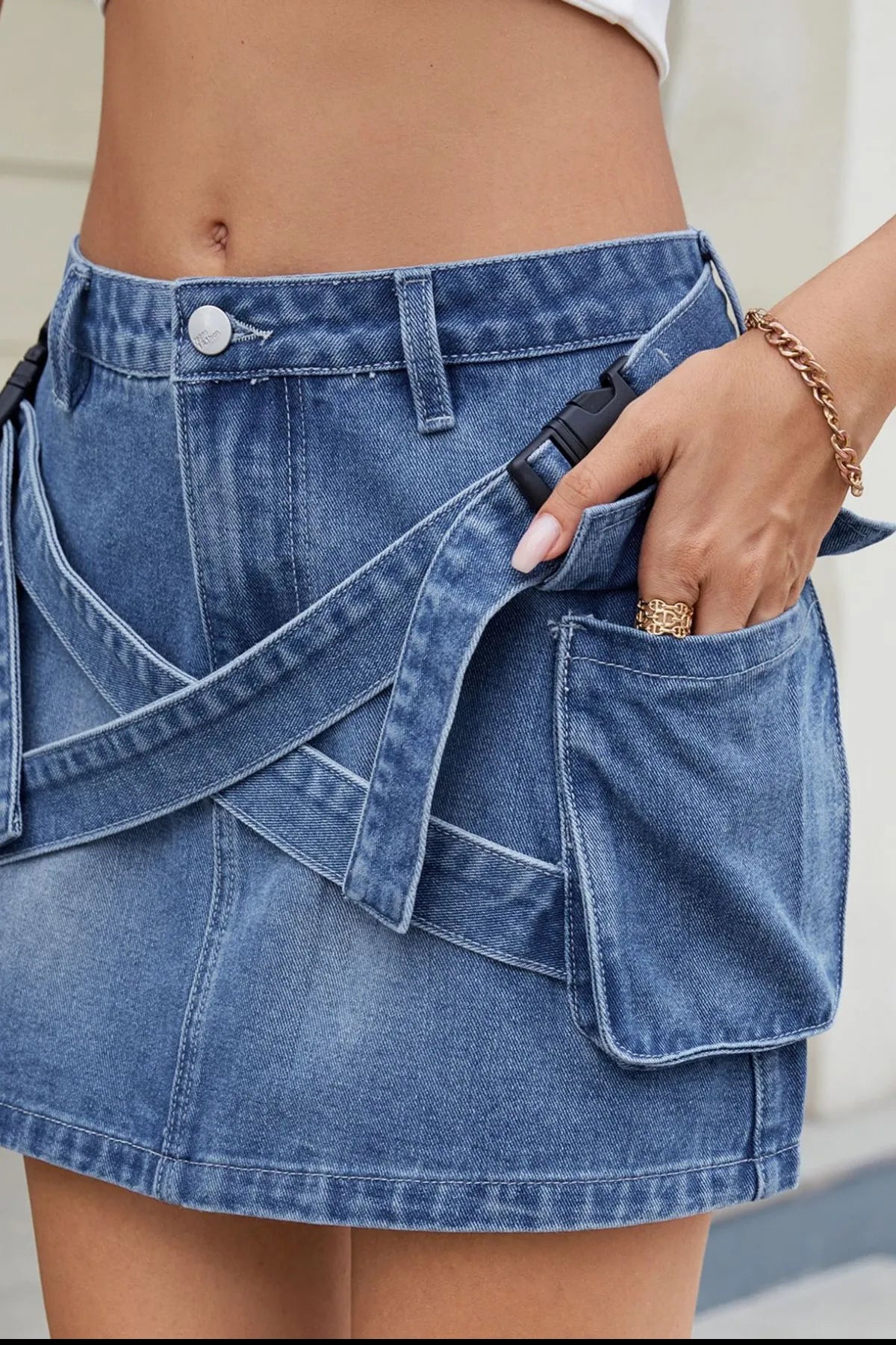 Criss-Cross Waist Detail Denim Mini Skirt