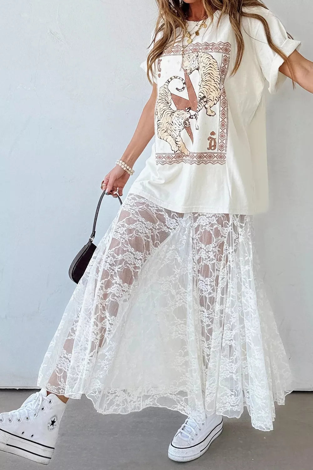 Sheer Floral Lace Flowy Maxi Skirt