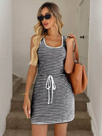 Striped Knitted Mini Dress with Drawstring