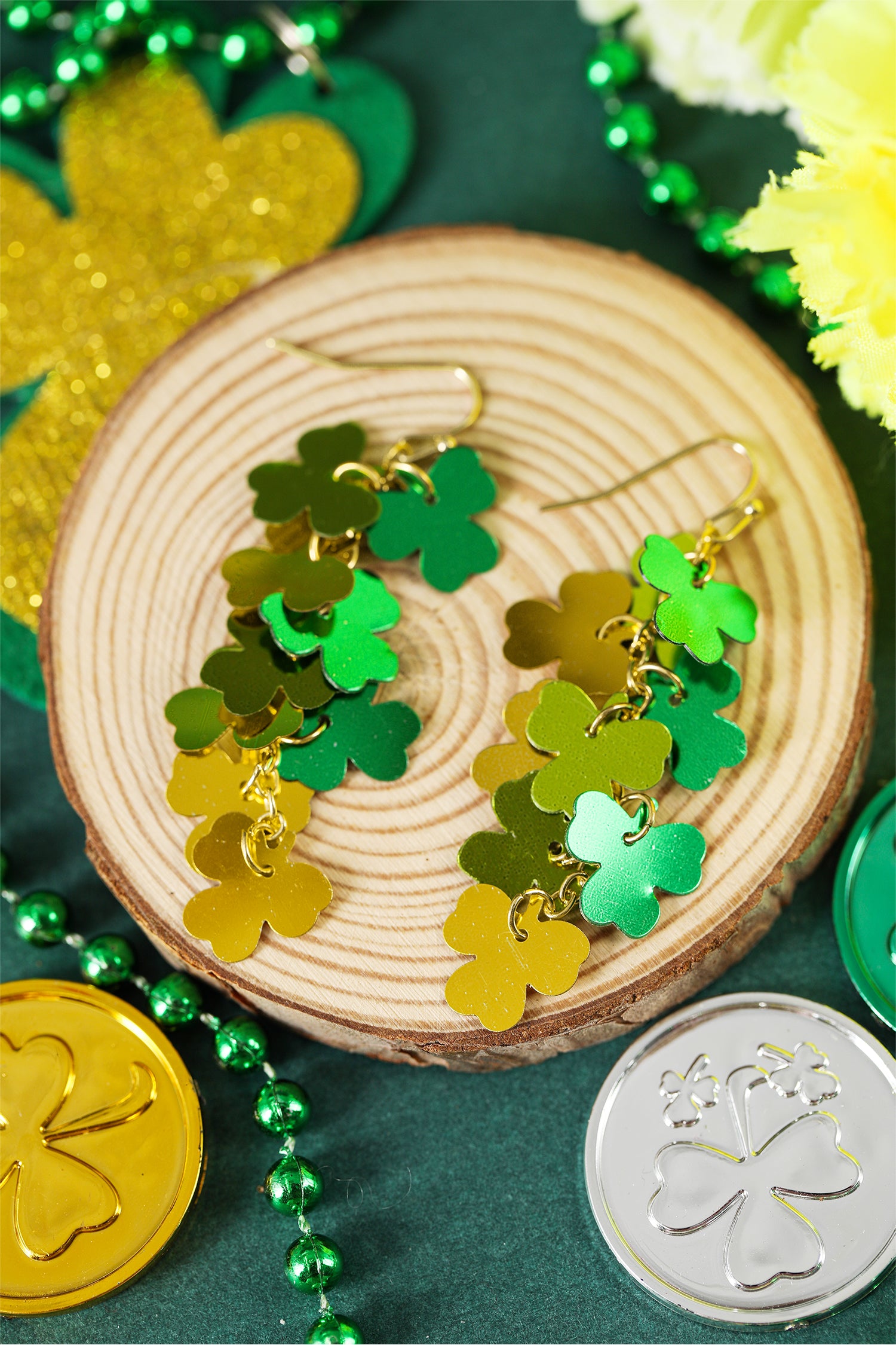 Green Metallic Shamrocks Cascade Earrings