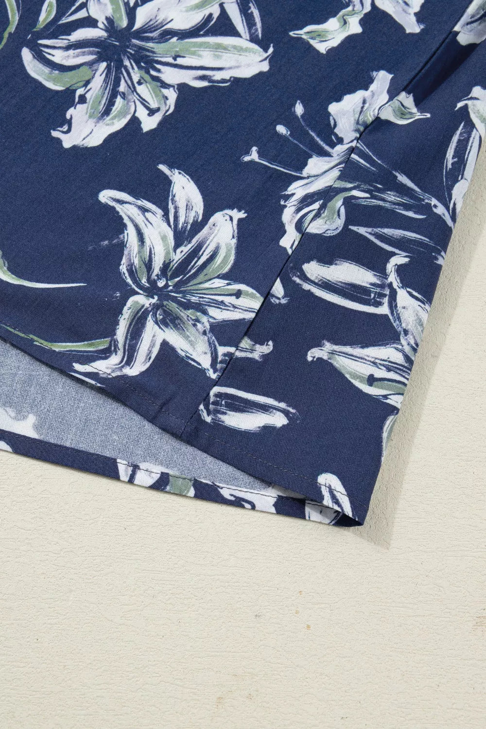 Floral Print Short Puff Sleeve Striped Trim V Neck Blouse