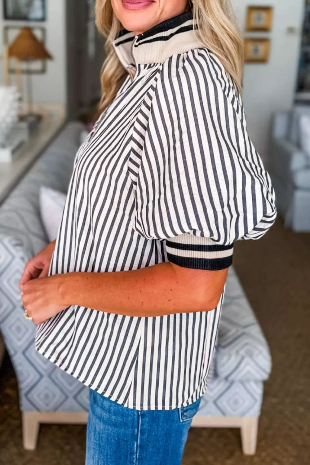 Striped Zipper Front Puff Sleeve Blouse