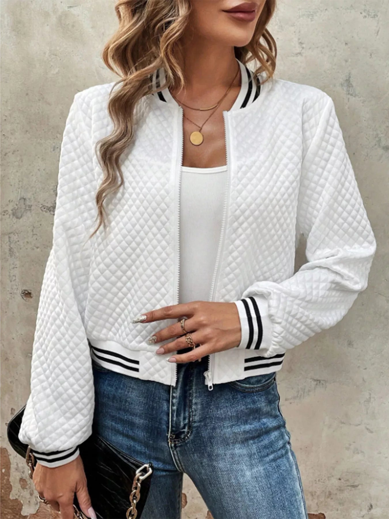 Striped Trim Zip Up Jacket