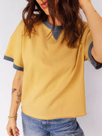 Contrast Trim Raw Hemline Short Sleeve Loose Top