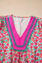 Floral Print V Neck Patchwork Short Bubble Sleeve Mini Dress