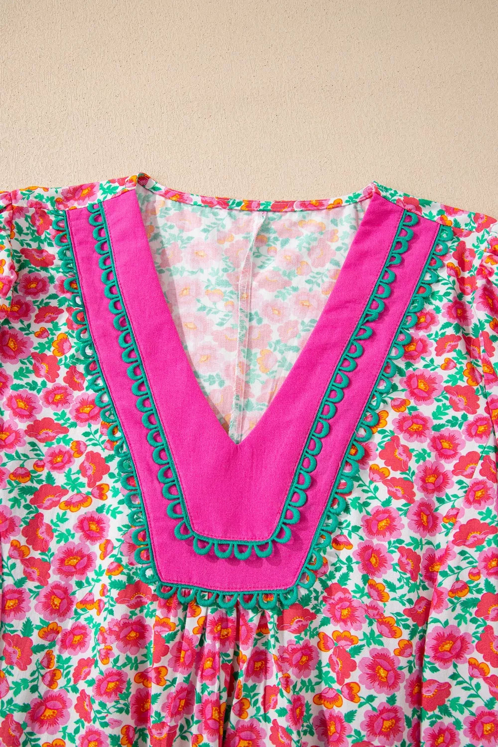 Floral Print V Neck Patchwork Short Bubble Sleeve Mini Dress
