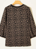 Leopard Print Puffy Bracelet Sleeve Contrast Trim Round Neck Top