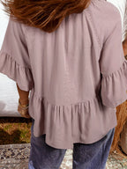 Notched Ruffled Loose Blouse