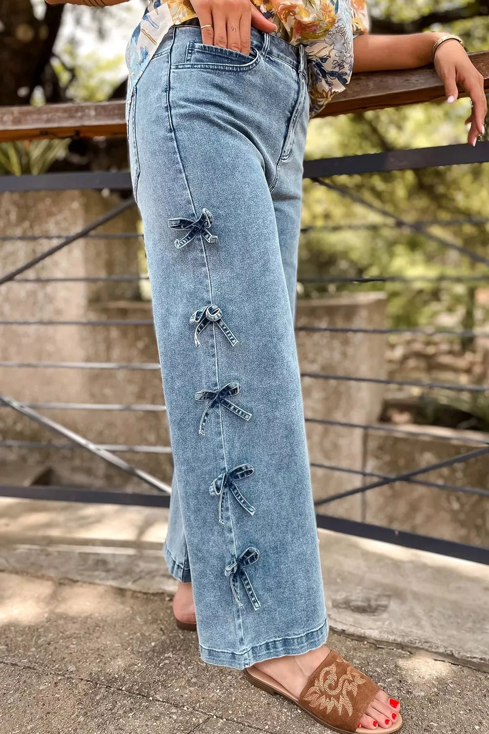 Bow Knot Side Detail Straight Leg Loose Jeans