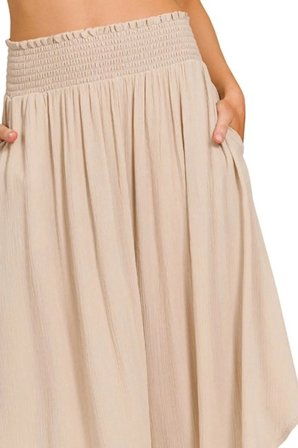 Zenana Woven Crinkle Smocked Waist Maxi Skirt W Pockets