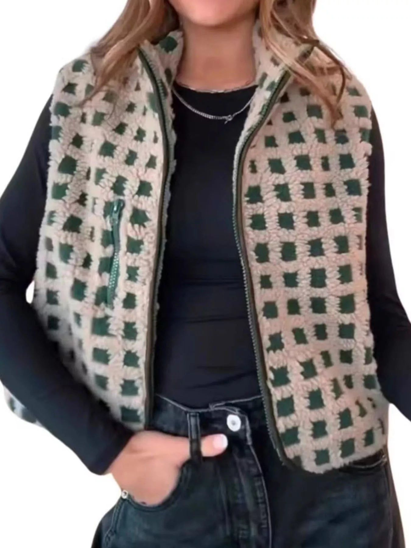Plaid Zip Up Vest Coat