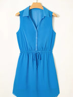 Half Buttons Collared Elastic Waist Sleeveless Shirt Dress