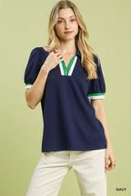 Umgee Puff Sleeve Zip Front Top with Contrast Striped Trim