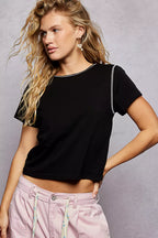 POL Contrast Stitching Round Neck Short Sleeve T-Shirt