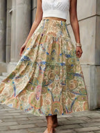 Smocked Printed High Waist Skirt