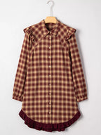Plaid Print Ruffled Long Sleeve Patchwork Hem Mini Shirt Dress