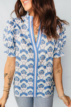 Floral Print Flounced Short Sleeve Contrast Trim V Neck Blouse
