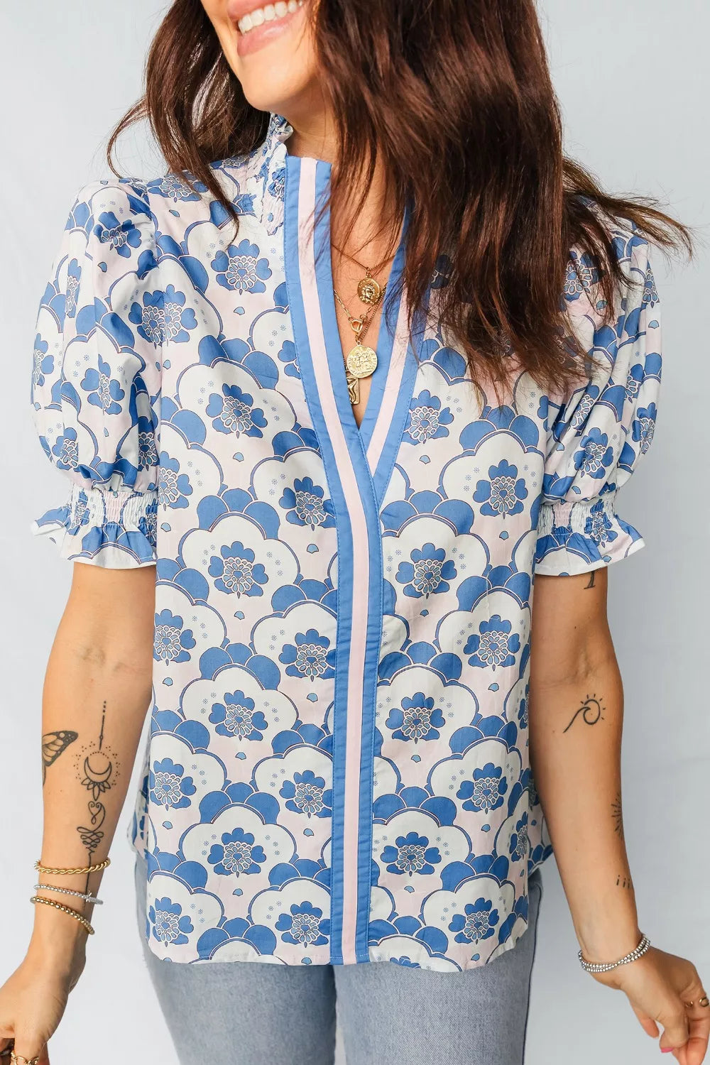 Floral Print Flounced Short Sleeve Contrast Trim V Neck Blouse