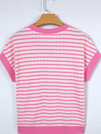 Stripe Textured Knit Contrast Trim V Neck Short Sleeve Top