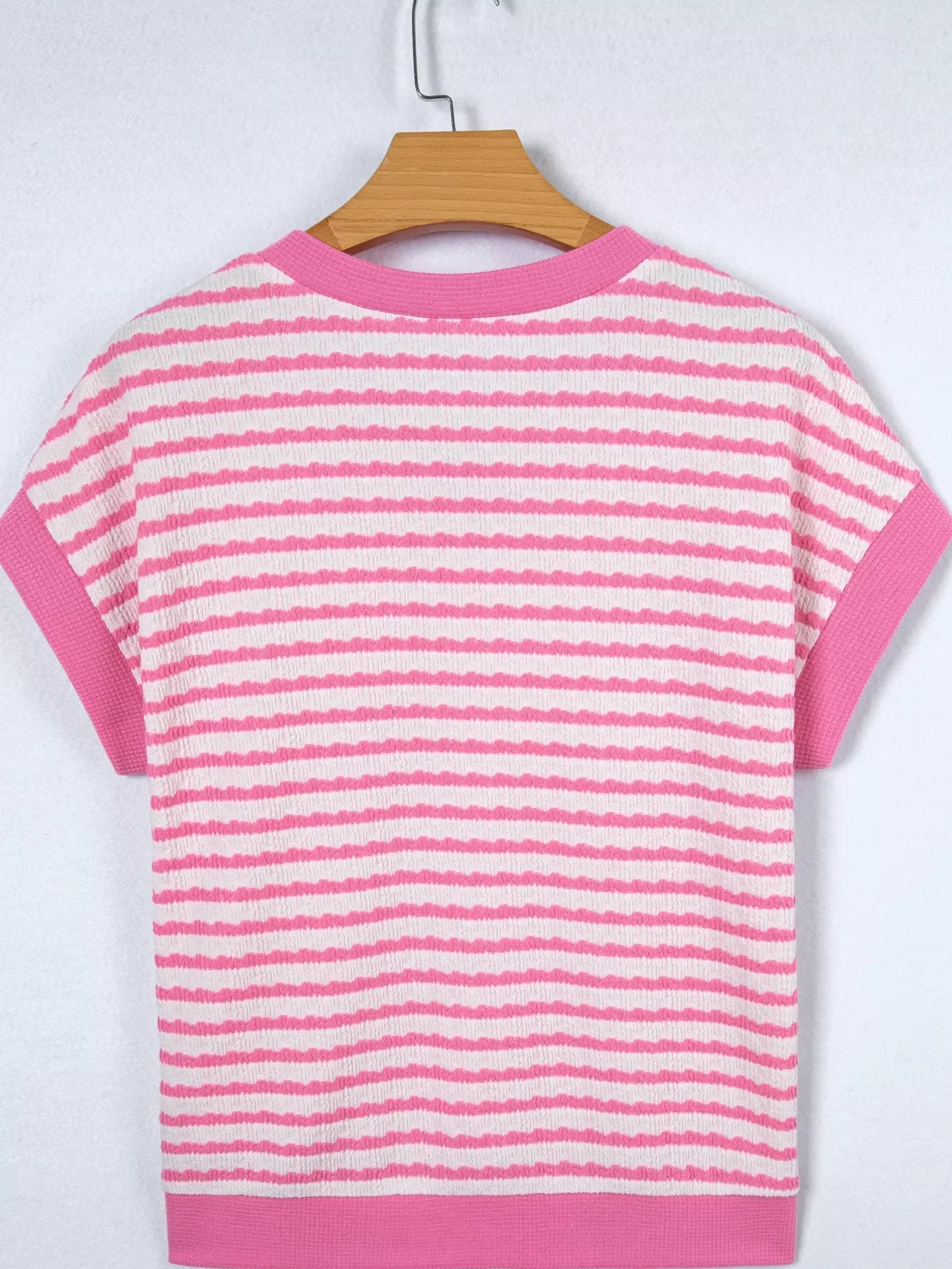 Stripe Textured Knit Contrast Trim V Neck Short Sleeve Top