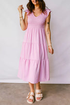 Smocked Bodice Flutter Sleeve Fit Flare Tiered Midi Dress