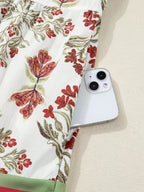 Floral Print Contrast Trim Frilled Neck Long Sleeve Flared Dress