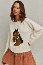 SO ME Horse Knit Sweater Top with Blanket Stitch