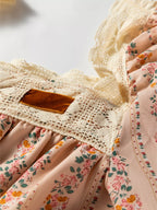 Floral Print Bow Lace Patchwork Long Sleeve Loose Mini Dress