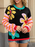 Floral Striped Crew Neck Sweater