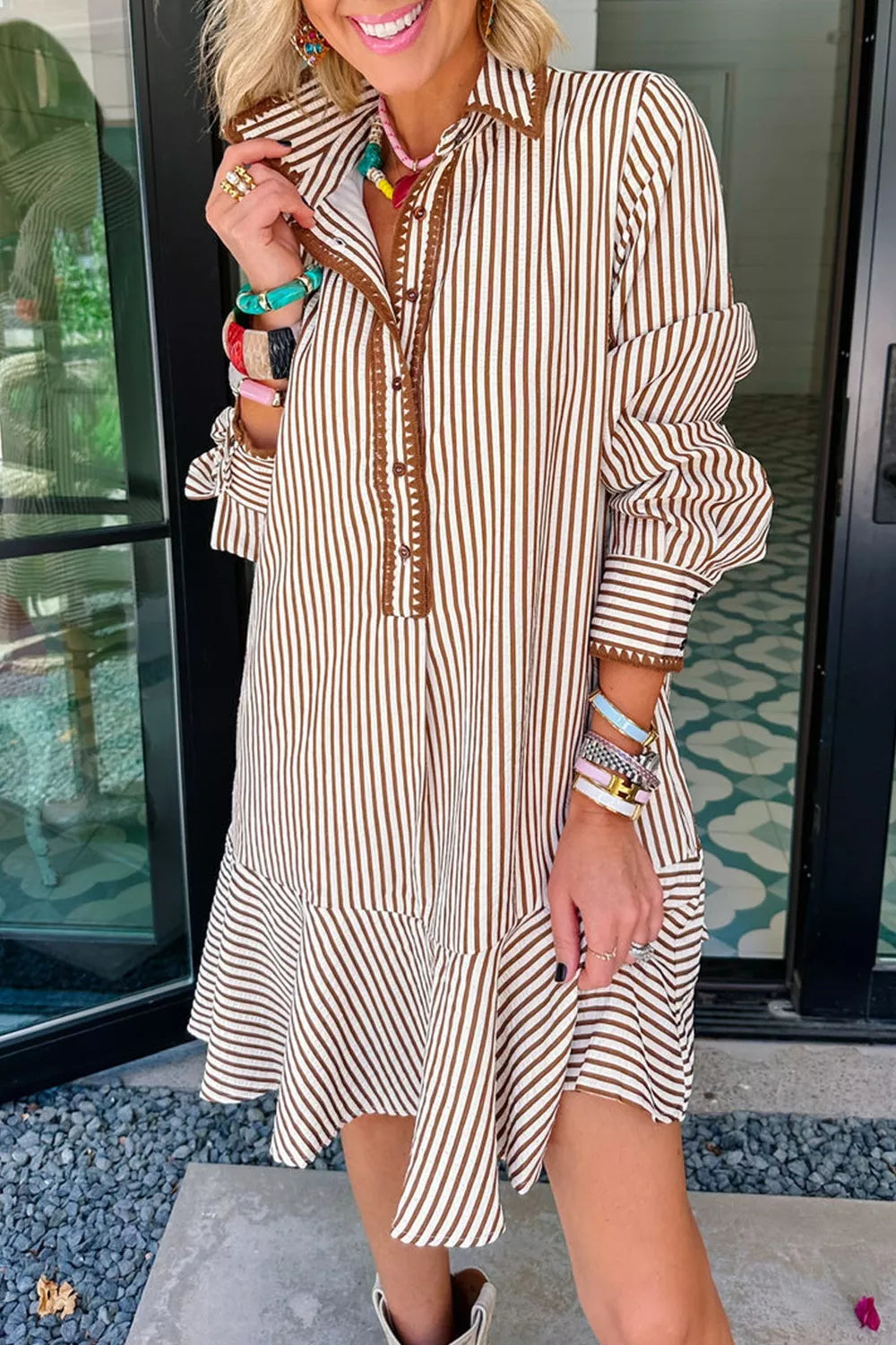 Striped Ruffle Hem Shirt Dress