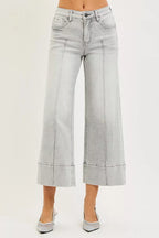 RISEN Tummy Control Mid Rise Crop Wide Pintuck Front Jeans